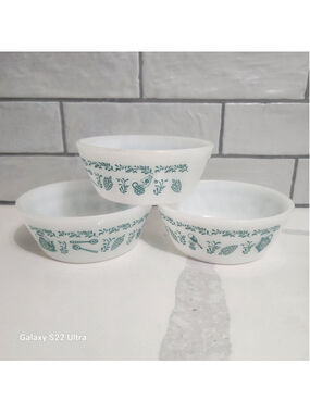 Federal Glass Homestead 5" Cereal Bowls Set of 3 Milk Glass Green Kitchen Patter